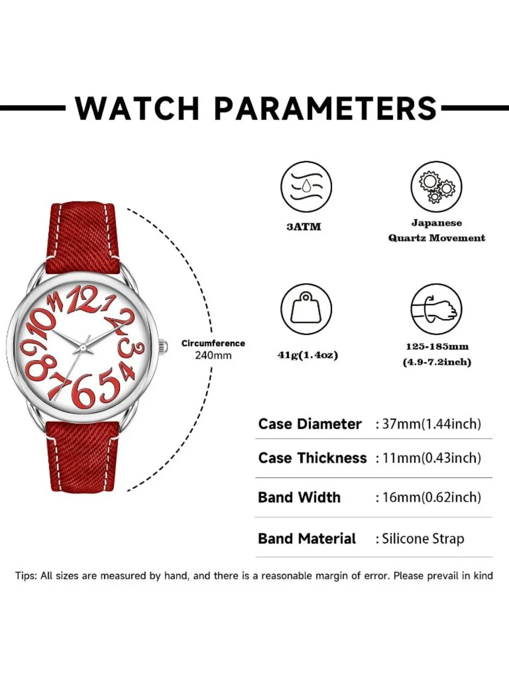 Women's Red Silver Big Arabic Number Dial Easy to Read Denim Leather Strap Watch